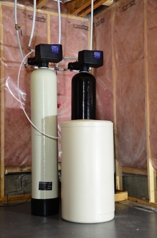 filter and softener installed in garage