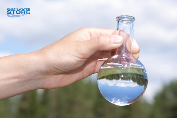 Test your well water for Iron & Manganese at the Clean Water Store. Photo of a beaker full of well water.