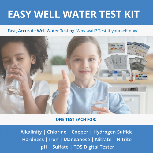 Two little girls drinking clean water and giving a thumbs up about a water test kit, shown to the right. 